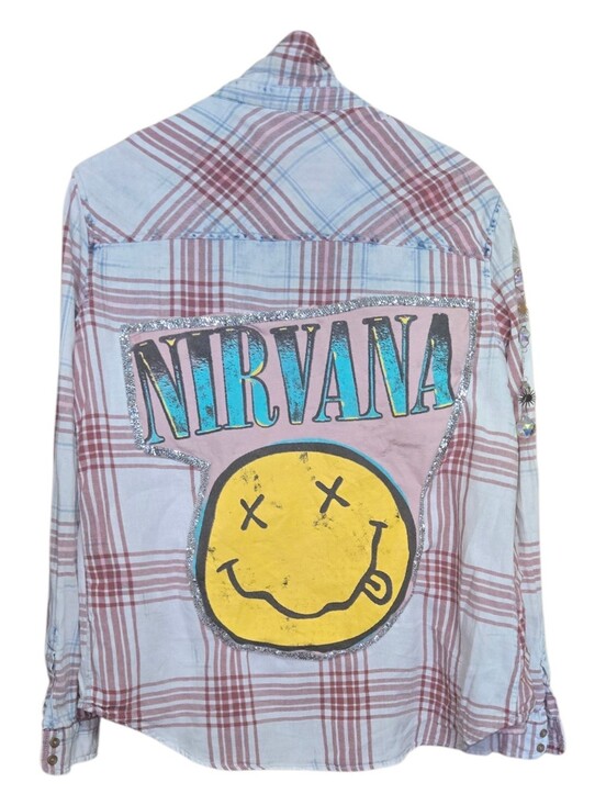 Upcycled Tops - Upcycled Nirvana Shirt Bleached Plaid Long Sleeve Button Down Shirt210